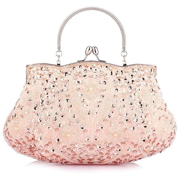 𝅺BEADED Sequin Flower Clutch Bag-Champagne - Picture 1 of 8